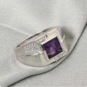 SKS Uruguayan Amethyst, Men's Ring in Platinum Over Sterling Silver